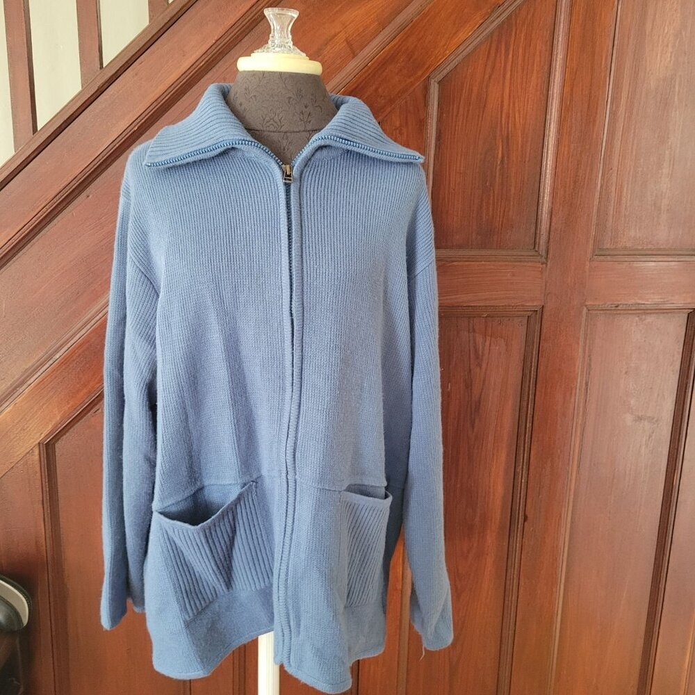 VintageTally Ho  Blue Zip-Up Acrylic Cardigan With Pockets - Women's 1X